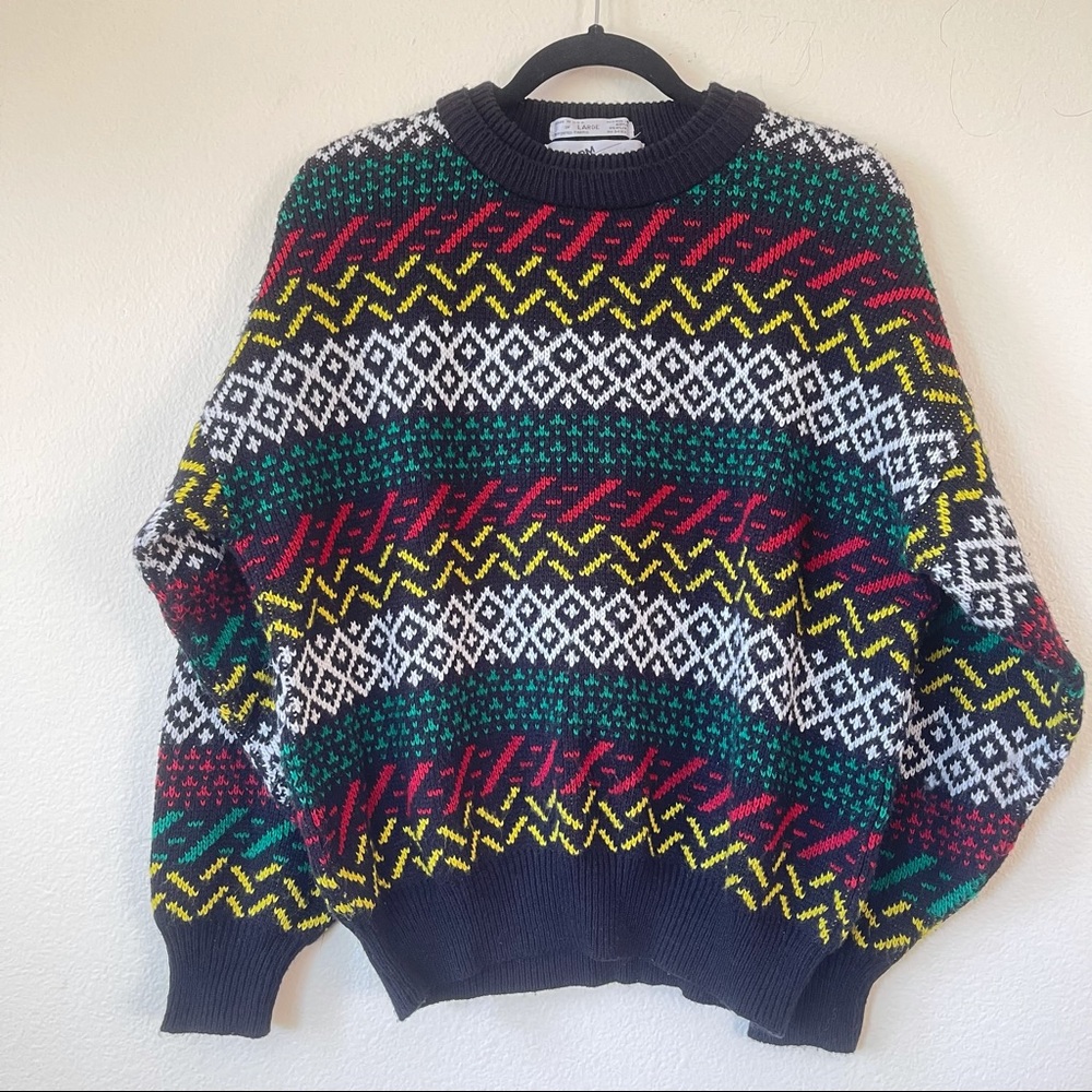 Vintage Uniform Balloon Sleeves Pattern Wool Sweater